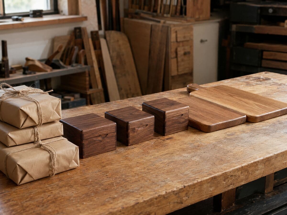 Small walnut boxes and cutting boards wrapped in paper, ready to ship