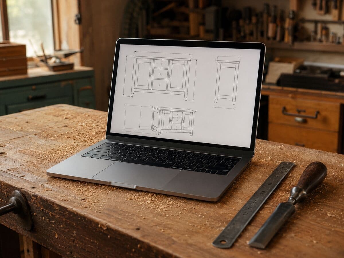 Laptop on a workbench showing a cabinet drawn in a CAD plan viewer