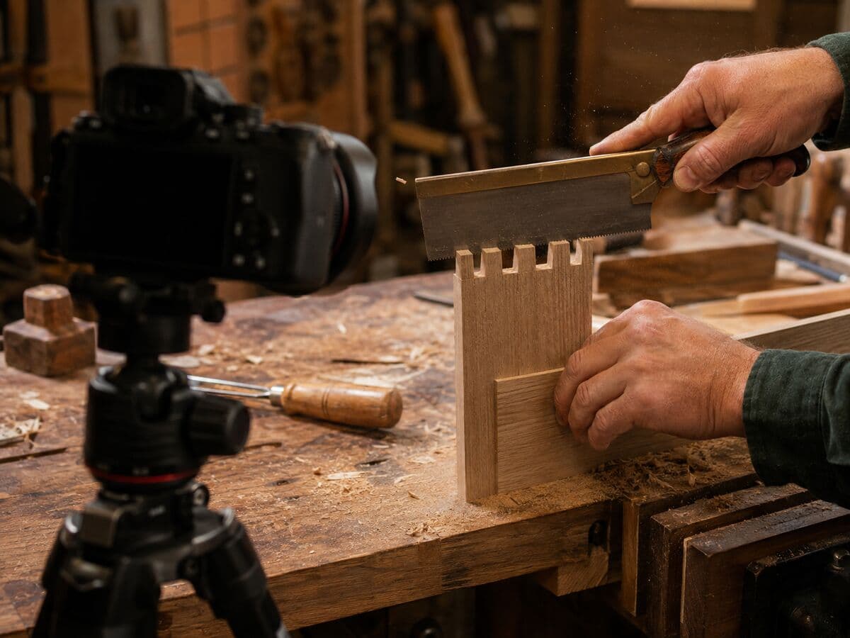 Camera on a tripod filming a woodworker sawing dovetails at the bench