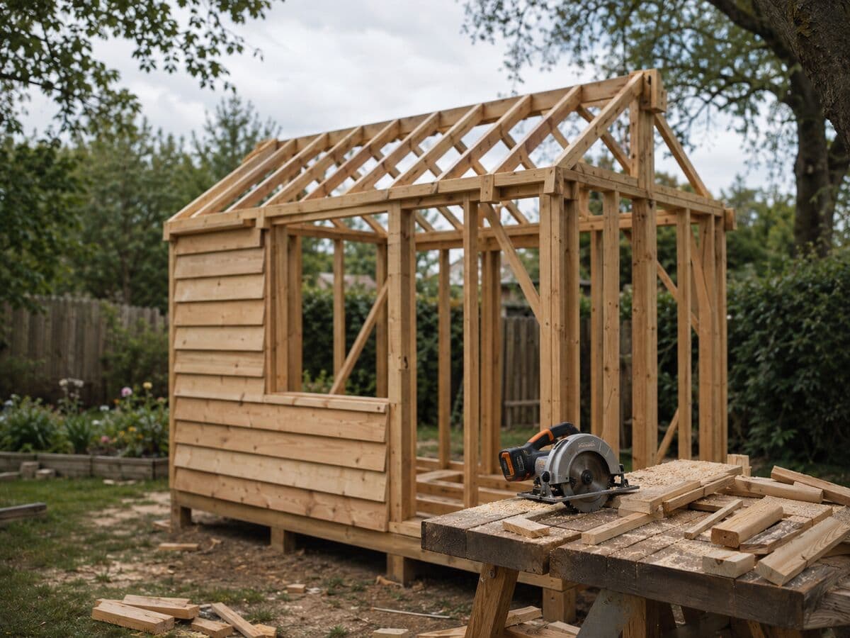 Timber-framed backyard shed part-way through construction