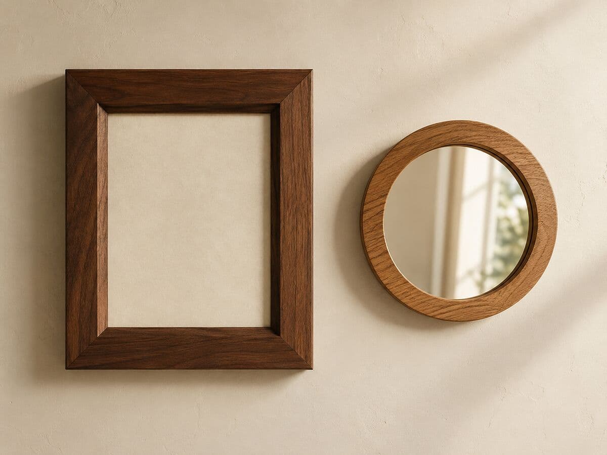 Walnut picture frame and round oak mirror hung on a pale wall