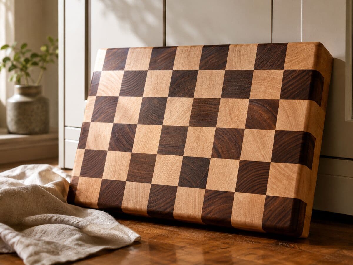End-grain checkerboard cutting board leaning against a kitchen cabinet