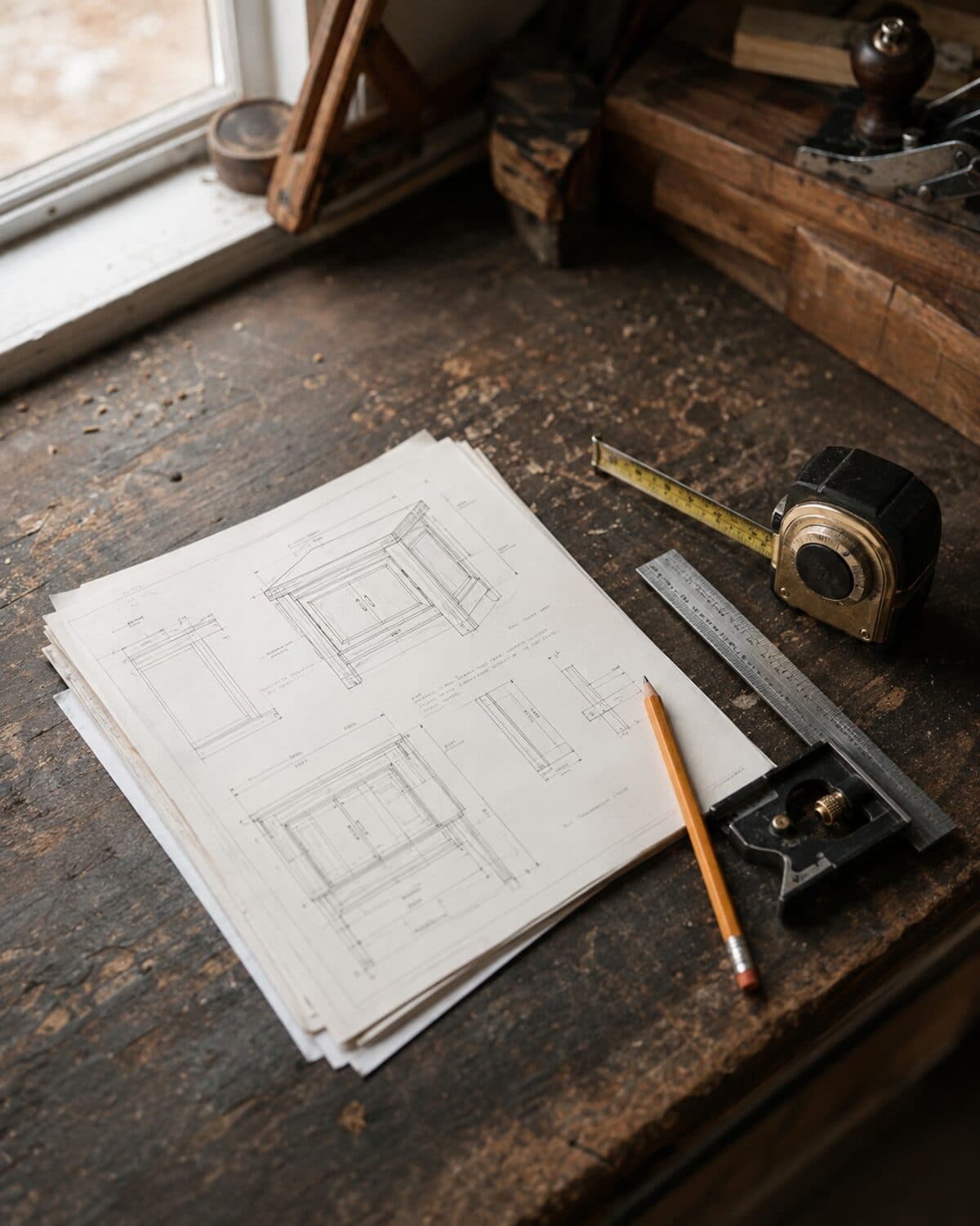 Stack of printed woodworking plans on a workbench with a tape measure and combination square