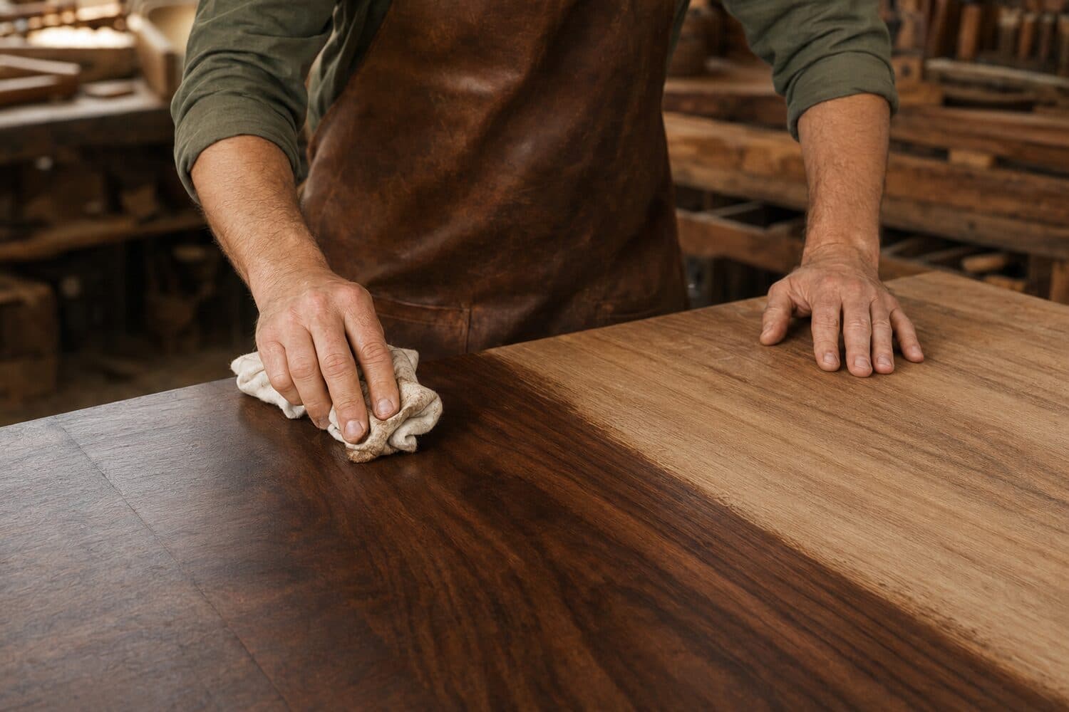 Woodworker wiping oil finish onto a walnut tabletop with a cloth