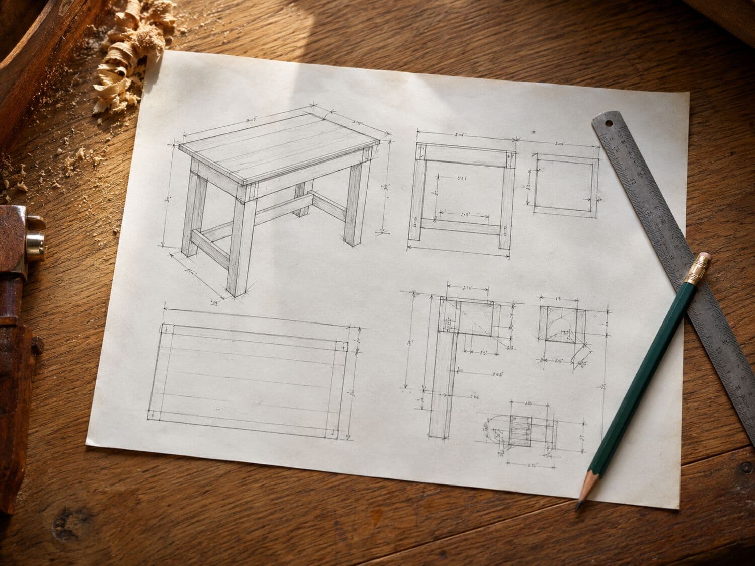 Pencil plan of a workbench with labeled dimensions, laid out on a workbench beside a hand plane
