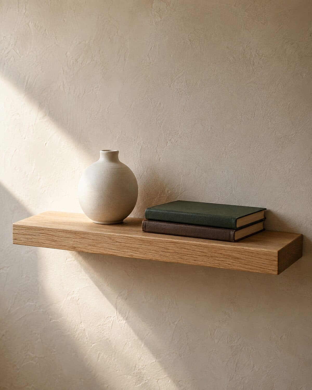 Floating white oak shelf on a plaster wall holding a vase and two books