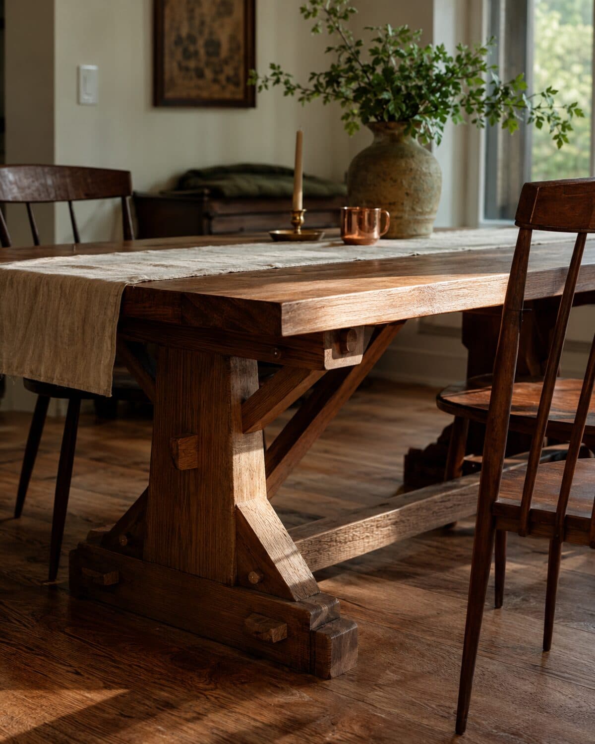 Trestle dining table in a sunlit dining room, set with a runner and greenery