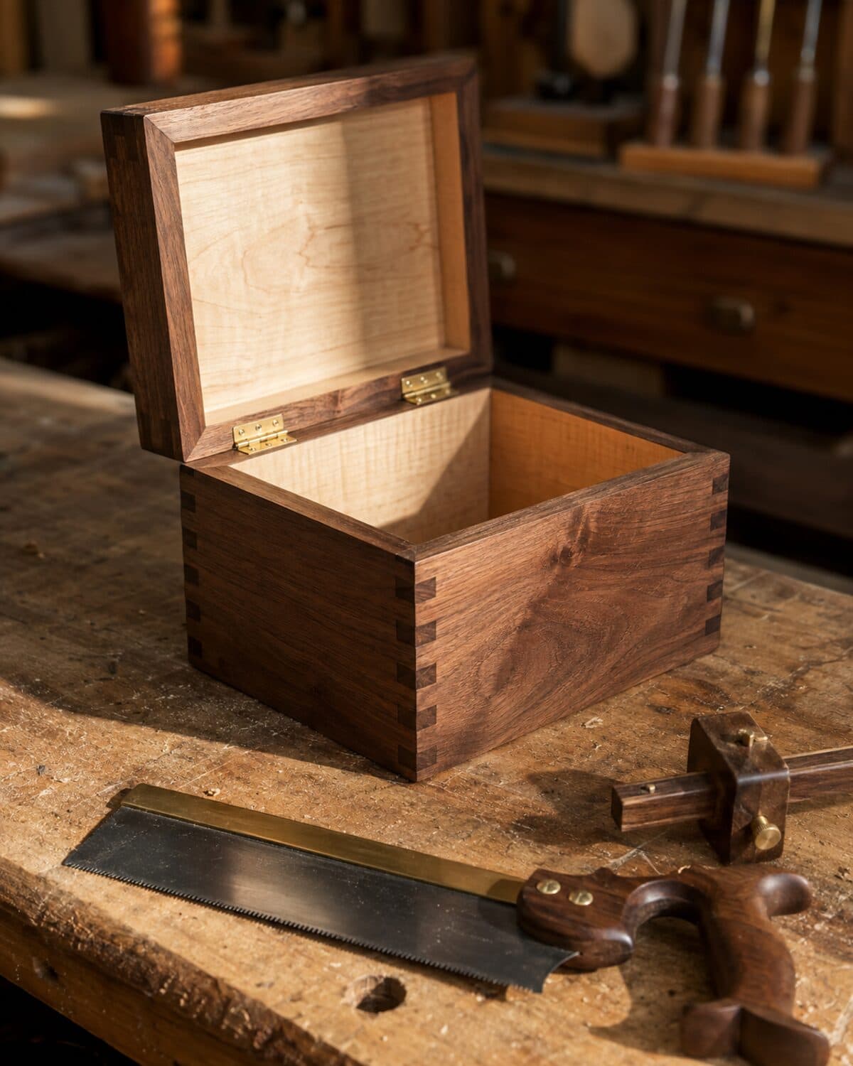 Walnut keepsake box with hand-cut dovetails, open on a workbench beside a backsaw