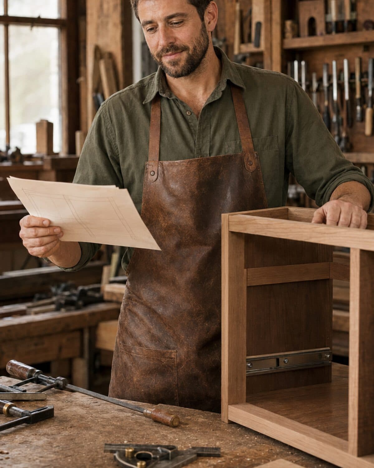 Woodworker in a leather apron reading a plan sheet beside the cabinet carcass he is building