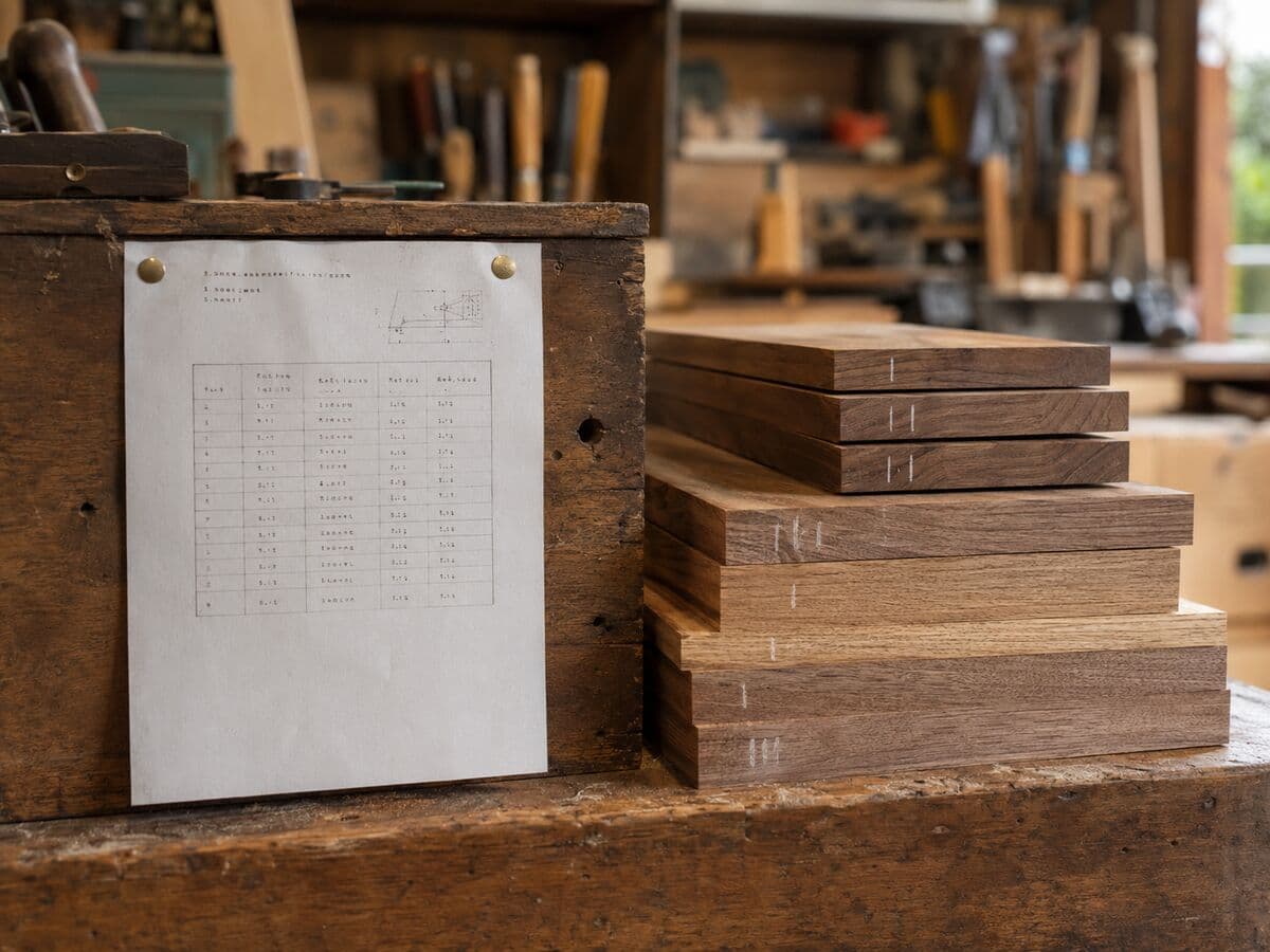 Printed cut list pinned to a workbench beside stacks of boards cut to length