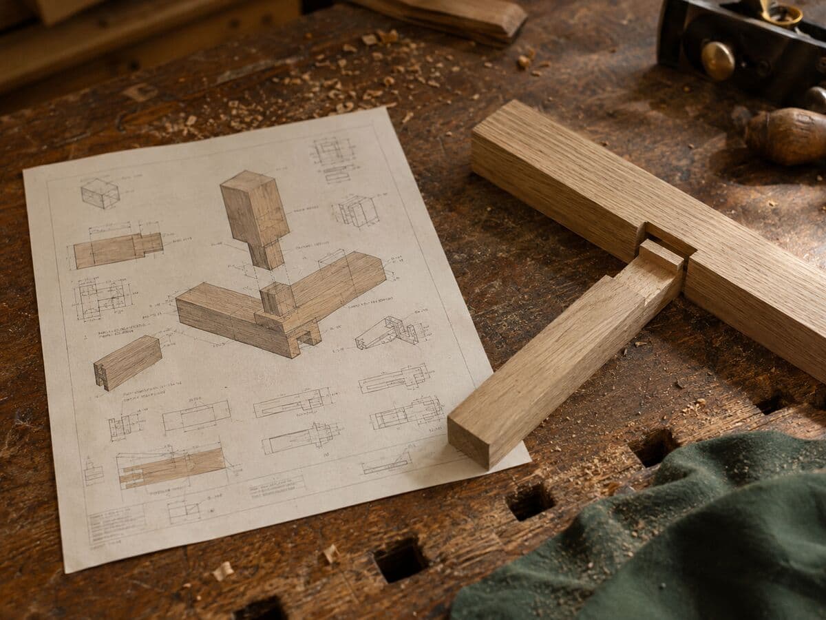 Detailed joinery schematic on paper next to the mortise-and-tenon joint it describes